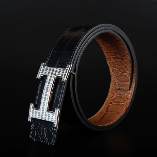 Hermes 2014 Crocodile Stripe Leather Reversible Belt Brown/Black